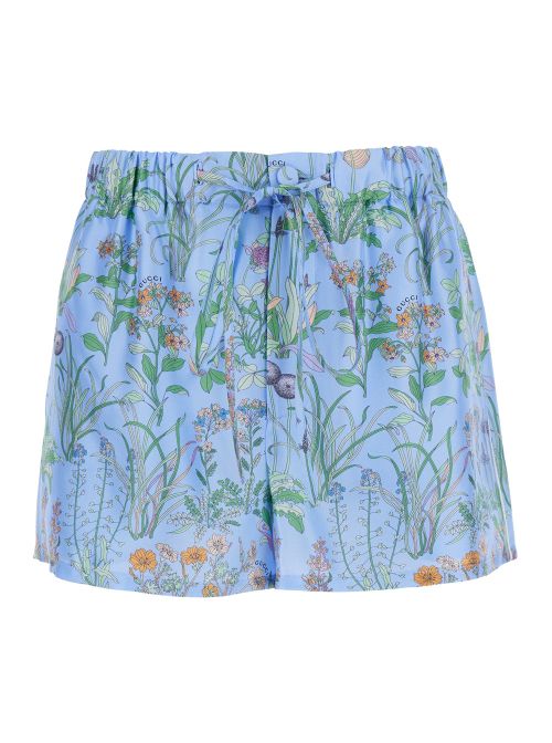 Floral-Print Silk Shorts — Blue