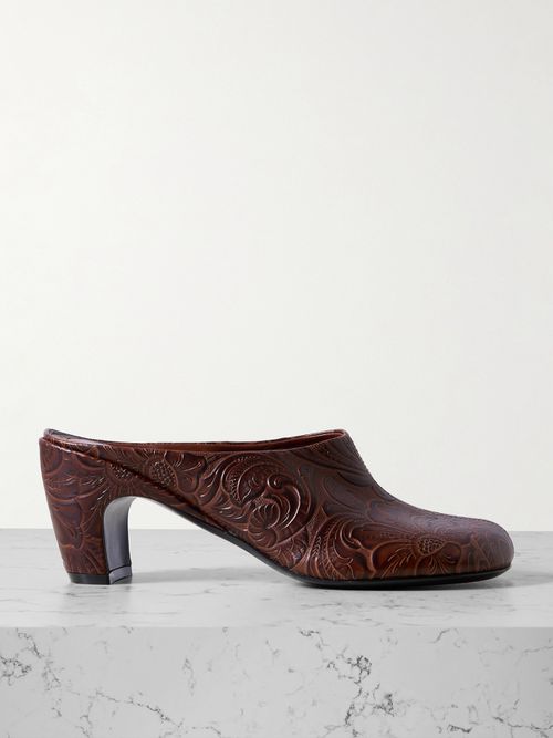Embossed Leather Mules - Brown