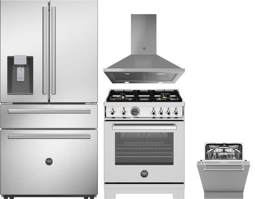 Bertazzoni 4 Piece Kitchen Appliances Package with French Door Refrigerator, Gas Range and Dishwasher in Stainless Steel BERERADWRH1189