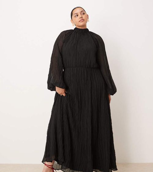 ASOS DESIGN Curve crinkle pleated blouson sleeve high neck maxi dress in black-No color
