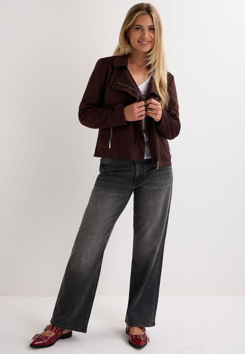Womens Chocolate Brown Suedette Biker Jacket
