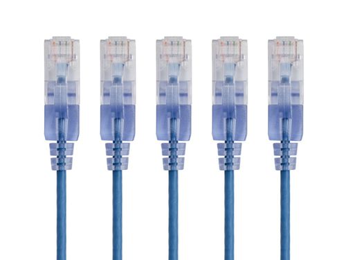 Cat6A 10ft Blue 5-Pk Patch Cable, UTP, 30AWG, 10G, Pure Bare Copper, Snagless RJ45, SlimRun Series Ethernet Cable