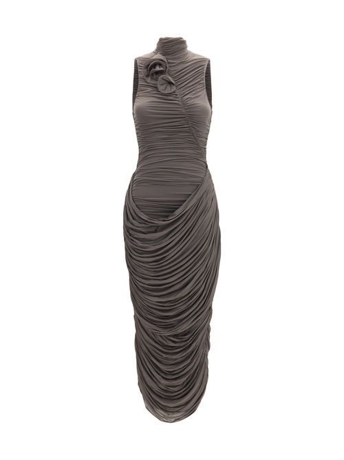 Draped High-Neck Midi Dress — Brown