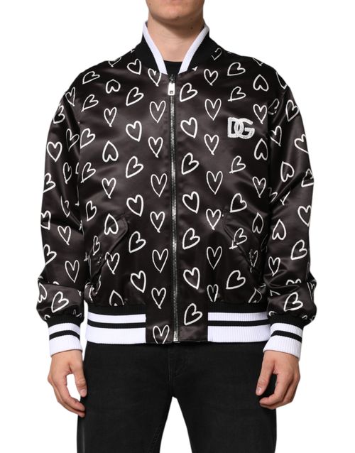 Heart-Print Polyester Bomber Jacket — Black