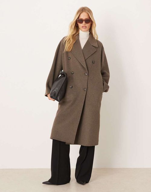 Wool mix double breasted midi coat in light brown