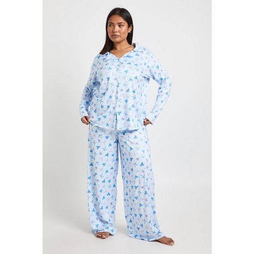 Boohoo Women's Plus Polka Dot Bow Print Long Sleeve Shirt & Trouser Pyjama Set in Blue