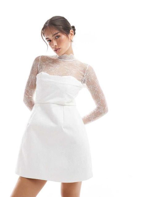 Bridal lace sleeve structured mini dress in ivory-White