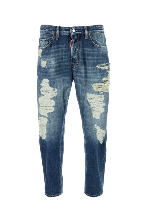 Distressed Cotton Denim Jeans — Navy
