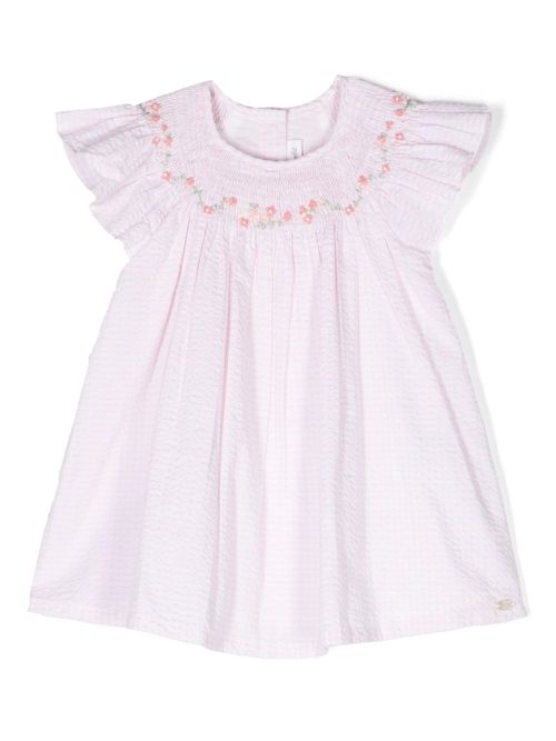 Floral-appliqué seersucker dress - Pink