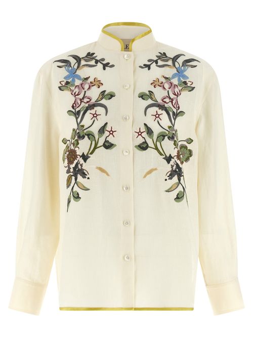 Embroidered Floral Linen Blouse — Beige