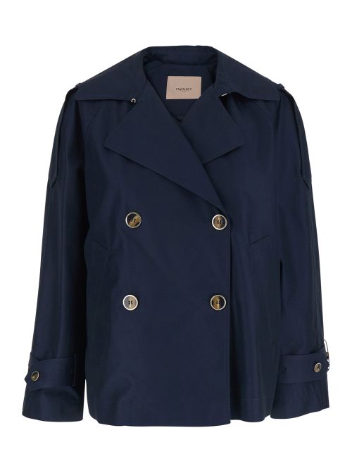 Double-Breasted Tech Fabric Trench Coat — Navy