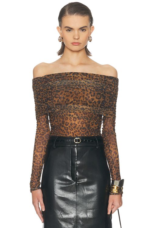 Lapointe Printed Mesh Off The Shoulder Top in Leopard - Brown. XS also in L