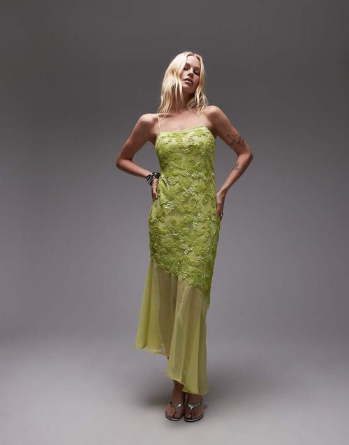 Embellished godet hem cami dress in lime green-Yellow