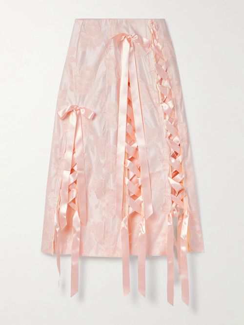 Unraveling Ribbon Lace-up Frayed Brocade Midi Skirt - Pink