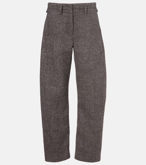 Low-rise herringbone wool-blend barrel-leg pants