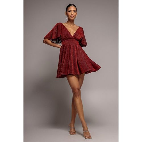 Goddiva Sparkle Lurex Wrap Mini Skater Dress - Red