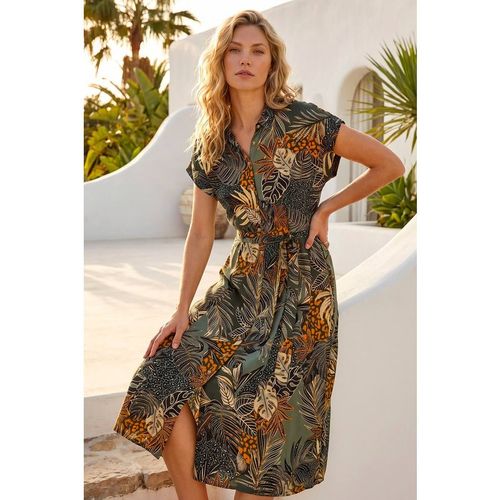 Roman Womens Tropical Leaf Print Shirt Dress - Green