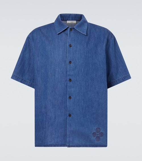 Embroidered oversized cotton-blend denim bowling shirt