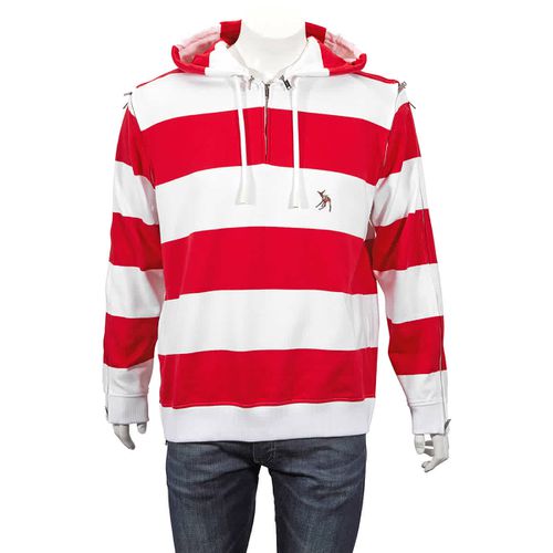 Mens Red Zip Detail Striped Cotton Hoodie