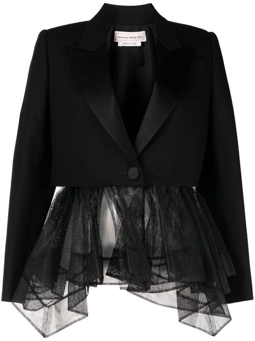 Single-breasted tulle-inserts blazer - Black
