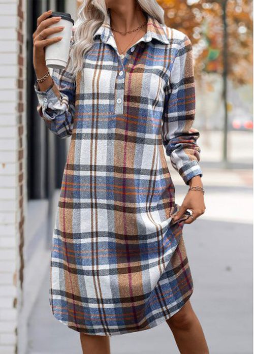 Modlily Multi Color Tummy Coverage Plaid Long Sleeve Dre
