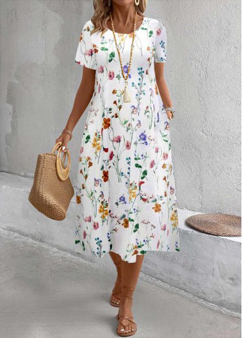 Modlily White Breathable Floral Print A Line Short Sleeve Dre