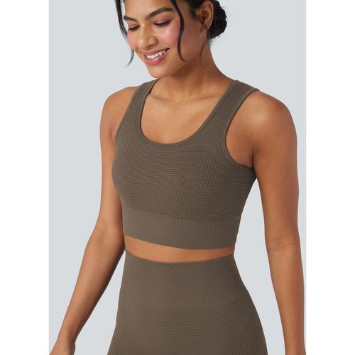 Halara OneForm Seamless Flow Low Support U Neck Cropped Waffle Yoga Sports Bra - Dawn Brown