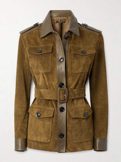 Belted Leather-trimmed Suede Jacket - Green