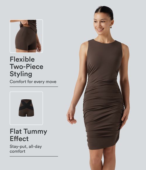 SoftlyZero™ Airy Round Neck Sleeveless Ruched Built-in Bra 2-Piece Cool Touch Casual Bodycon Dress with Tummy Control Shorts Casual Dress - Chocolate Martini
