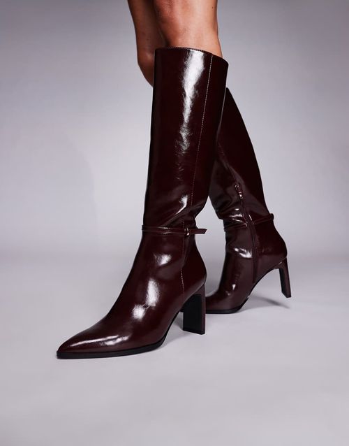 Ankle strap knee high boots in burgundy-Red