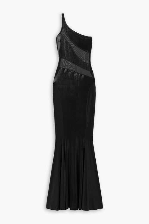 Snake one-shoulder mesh-paneled metallic stretch-jersey gown - Black - FR 40