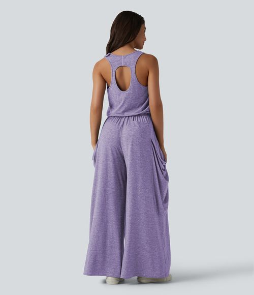 Sleeveless Cut Out Wide Leg Casual Jumpsuit with Pockets-Easy Peezy Edition  - Light Purple Floral Yarn