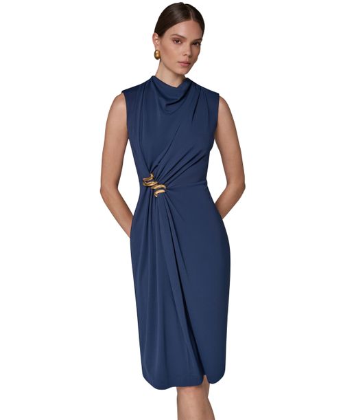 Women's Sleeveless Mock Neck Gathered Waist Midi Dress - Night Sky