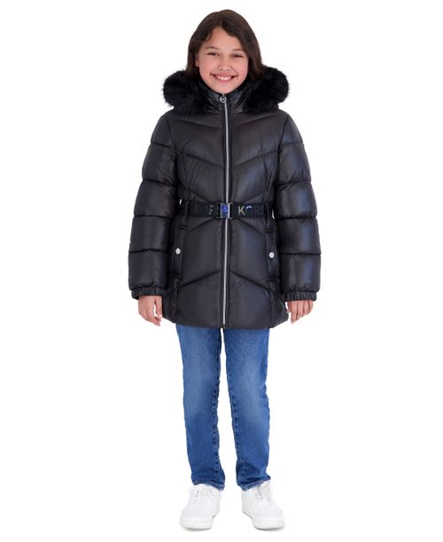 Girls' 5-16 Mk Logo Belted Stadium Length Long-Sleeve Jacket - Black