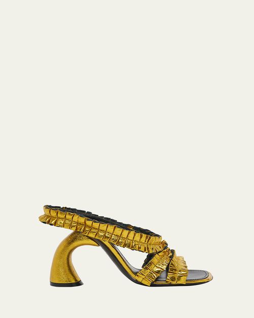 Curved-Heel Ruffled Metallic Leather Sandals
