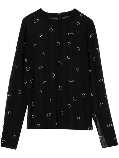 Gemstone-embellished silk T-shirt - Black