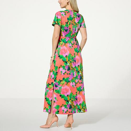 Nina Leonard 여성 Printed Flutter-Sleeve Maxi Dress - Mango/Violet