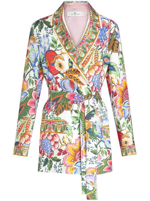Floral-print belted silk jacket - White