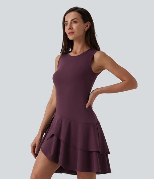 SoftlyZero™ Airy Round Neck Sleeveless Layered Ruffle Hem Cool Touch Mini Casual Dress Casual Dress - Fig