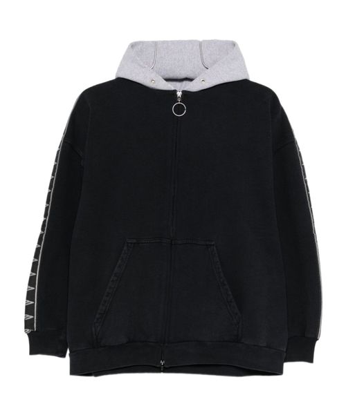 Men's Stripe Patched Hood Zip-up Hoodie in Faded Black/grey