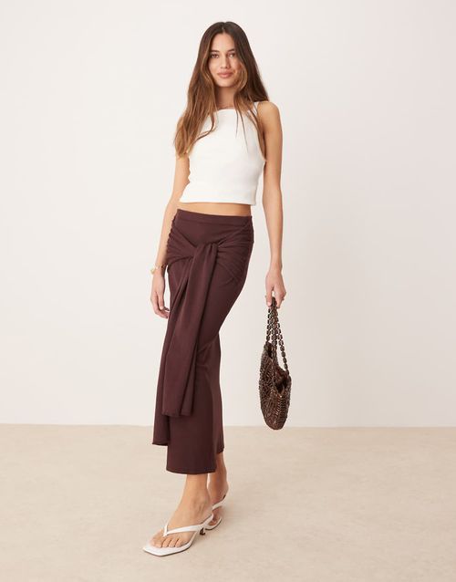 Mango gathered tie waist detail skirt in dark brown