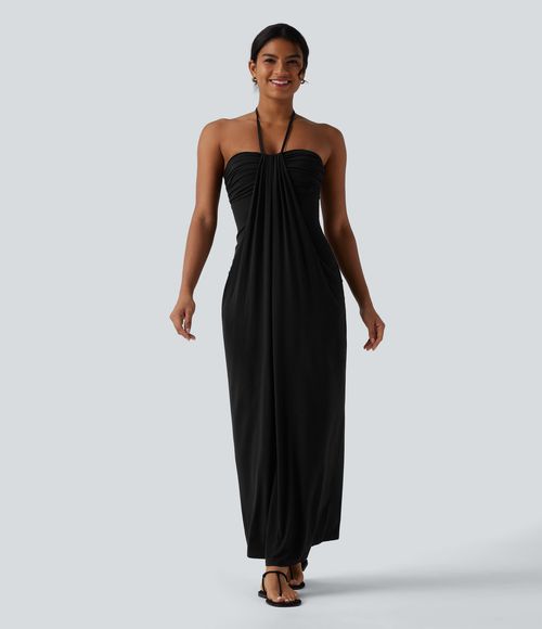 Halter Tie Back Maxi Dress with Pockets Casual Dress - Black