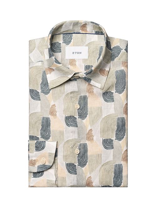 Men's Geometric Print Linen Shirt - Mid Green
