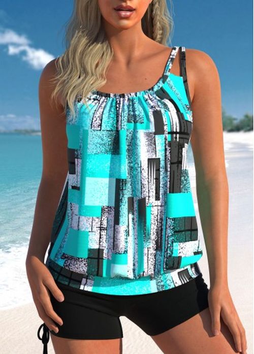 Modlily Ruched Geometric Print Cyan Tankini Top