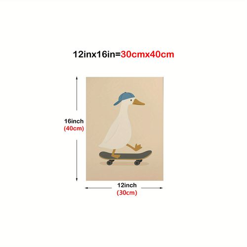 TEMU Frameless Skateboarding Duck Canvas Wall Art - Retro Cartoon Animal Print With & Skateboard, Vertical Ink Painting For Bedroom, Living Roo