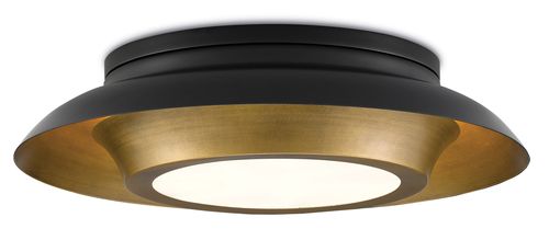 Antique Brass Black Three Light Flush Mount from the Metaphor Collection