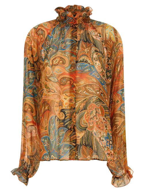 Paisley-Print Silk Chiffon Blouse — Multicolor