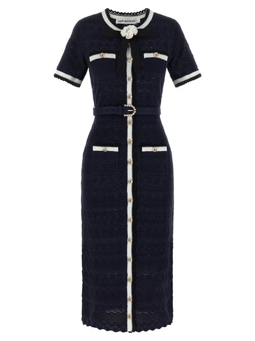 Navy Pointelle Knit Midi Dress