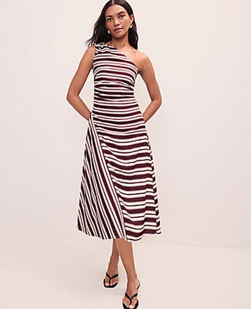 Ann Taylor Striped One-Shoulder Midi Dress