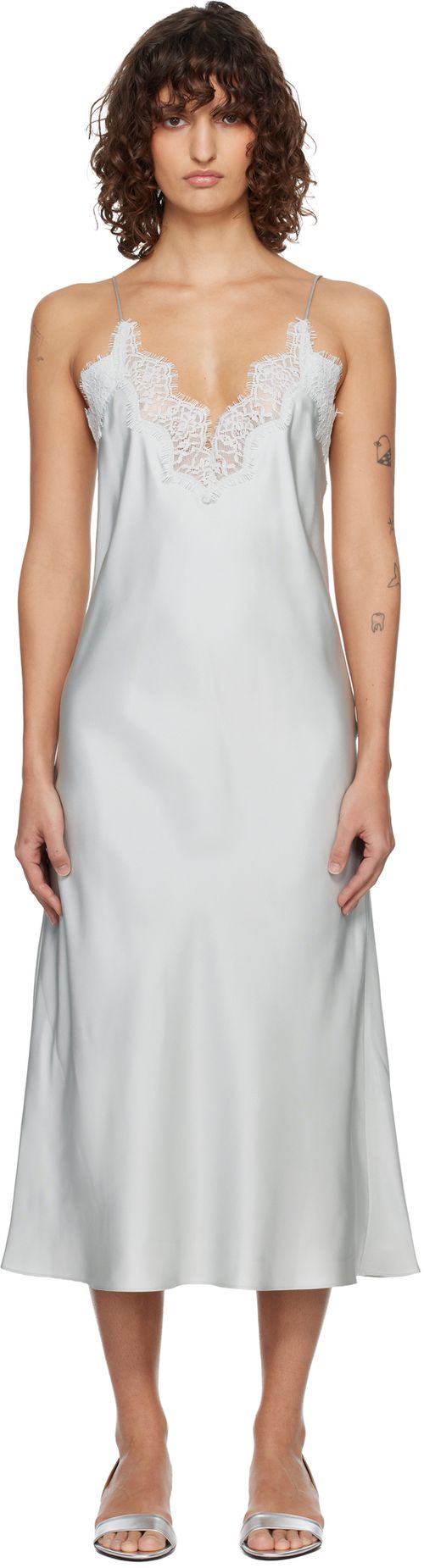 Blue Silk Lace Slip Midi Dress